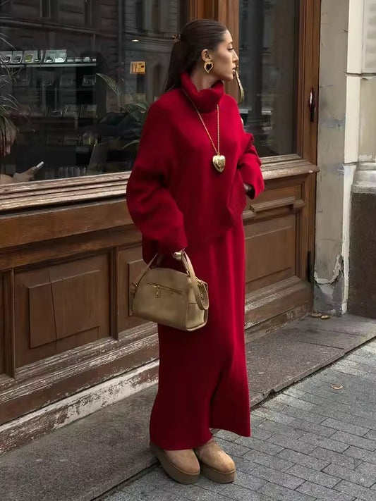 Comfortabele Oversized Dames Gebreide Set met Coltrui en Lange Rok