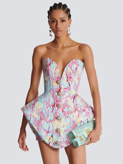 Britani | Strapless Sculpted Mini Jurk met Statement Knopen