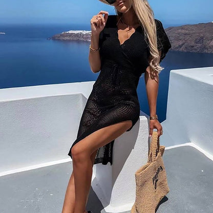 Robe de plage estivale en crochet pour femmes avec col en V