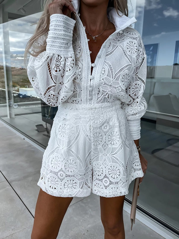 Ensemble Co ord Femme Blouse en Dentelle Manches Longues avec Short Taille Haute Élégant