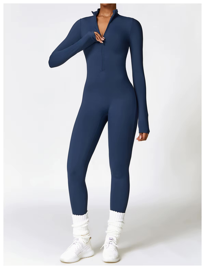 Sportieve Aansluitende Dames Jumpsuit Met Half Zip En Lange Mouwen