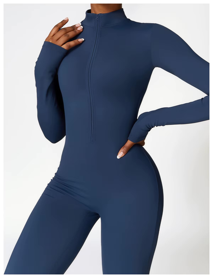 Sportieve Aansluitende Dames Jumpsuit Met Half Zip En Lange Mouwen