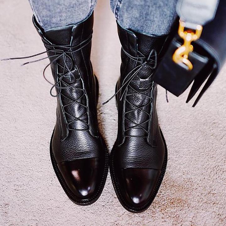 Bottines En Cuir Tendance Femme Avec Lacets Et Semelle Robuste