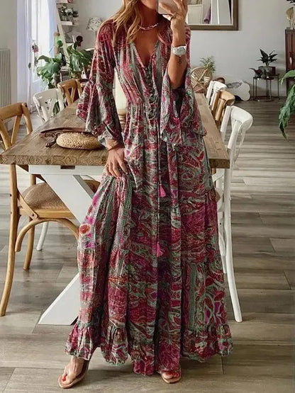 Therese | Bohemian Lange Jurk met V-Hals en Flare Mouwen