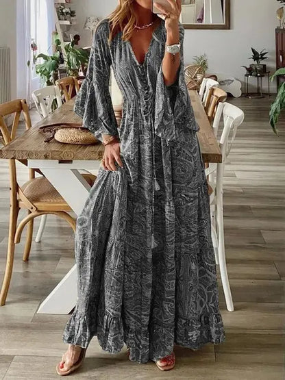Therese | Bohemian Lange Jurk met V-Hals en Flare Mouwen
