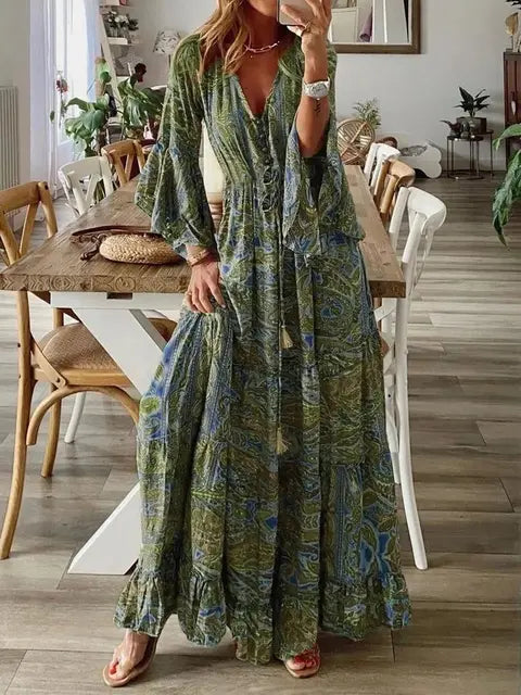 Therese | Bohemian Lange Jurk met V-Hals en Flare Mouwen
