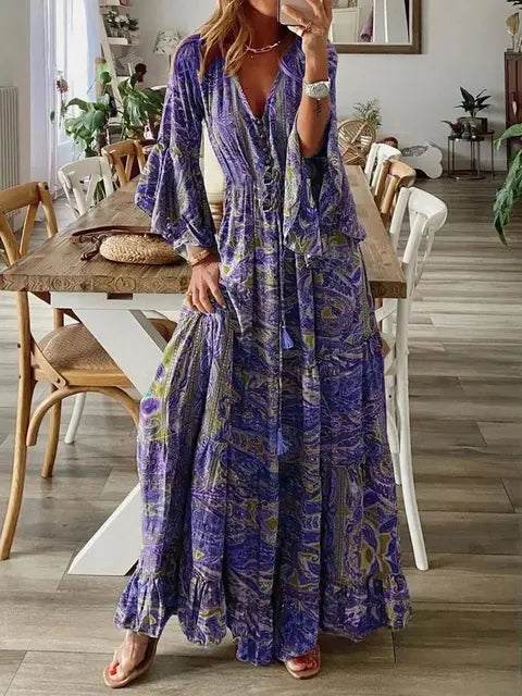 Therese | Bohemian Lange Jurk met V-Hals en Flare Mouwen