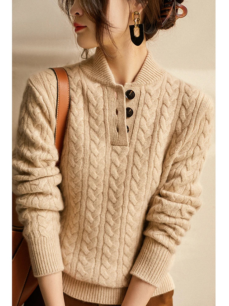 Pull Tricoté Doux Femme avec Motif Torsadé et Détail Bouton