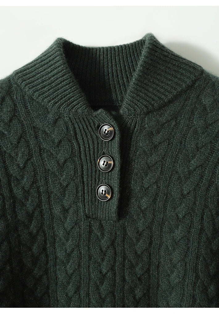 Pull Tricoté Doux Femme avec Motif Torsadé et Détail Bouton