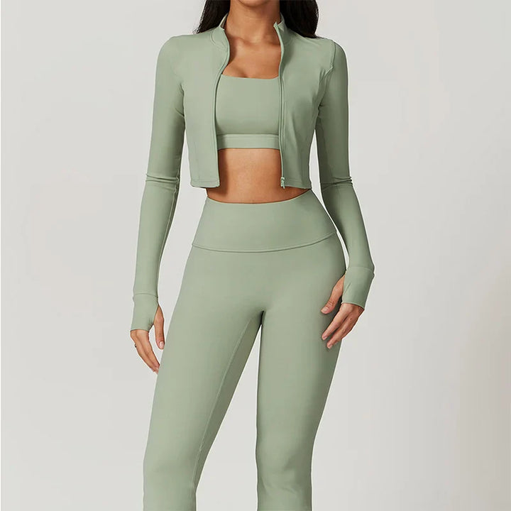 Ensemble de sport femme 3 pièces avec legging taille haute, crop top et veste