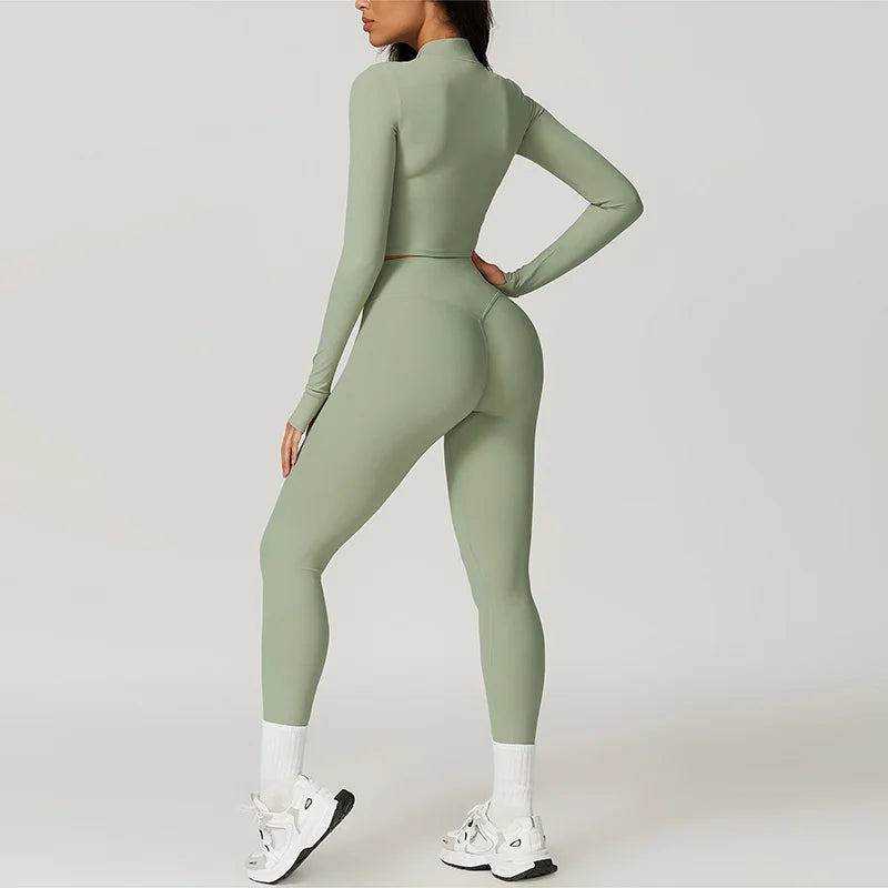 Ensemble de sport femme 3 pièces avec legging taille haute, crop top et veste