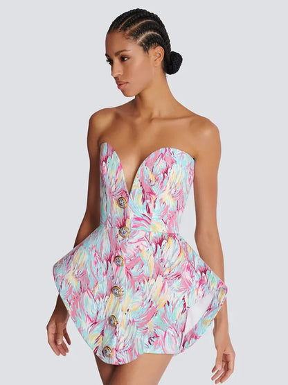 Britani | Strapless Sculpted Mini Jurk met Statement Knopen