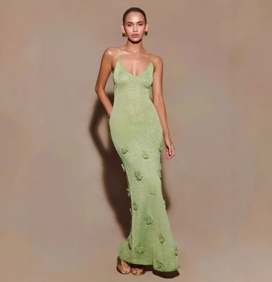 Gwin | Glitter Maxi Jurk met Bloemendetails Galajurk