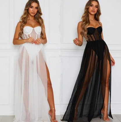 Elegante Mesh Gala Maxi Jurk Met Hoge Split voor Dames