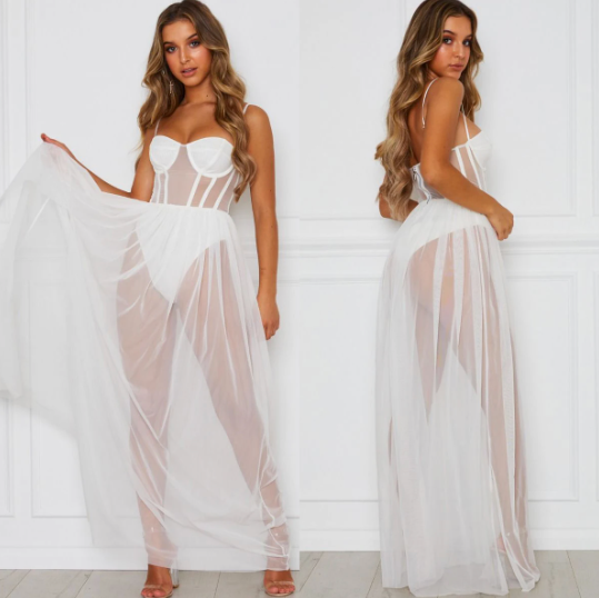 Elegante Mesh Gala Maxi Jurk Met Hoge Split voor Dames