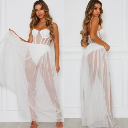 Elegante Mesh Gala Maxi Jurk Met Hoge Split voor Dames