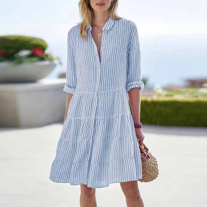 Summer Women's Shirt Dress With Stripes And Button Closure