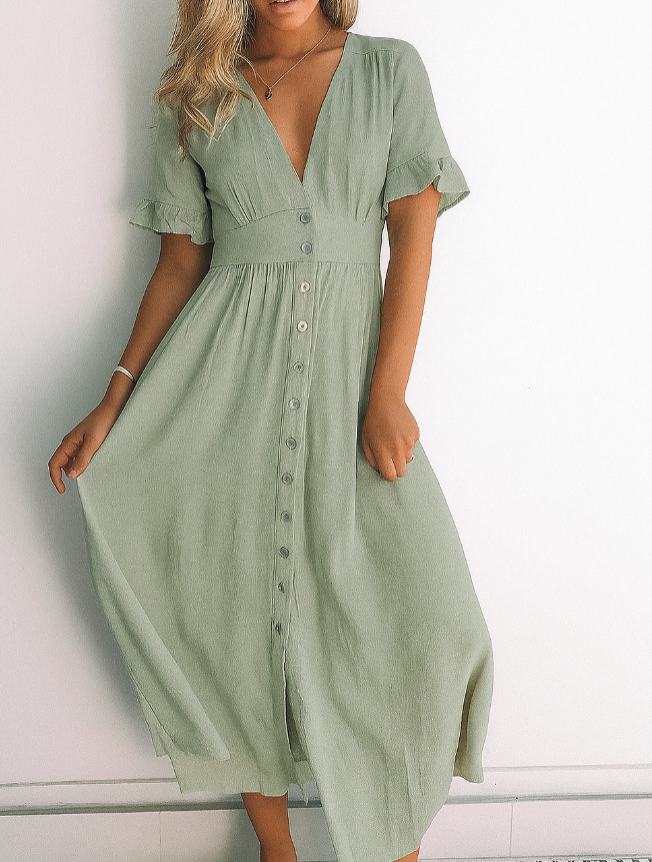 Groen Elegante Dames Zomer Midi Jurk Met Knopen En V Hals