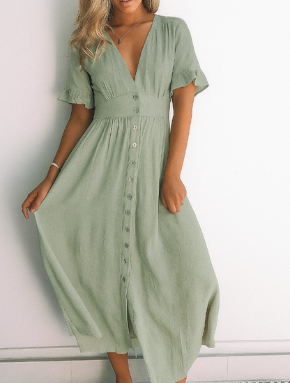 Groen Elegante Dames Zomer Midi Jurk Met Knopen En V Hals