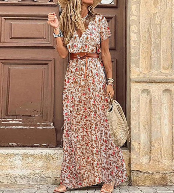 Robe maxi bohème estivale pour femmes avec imprimé et manches courtes