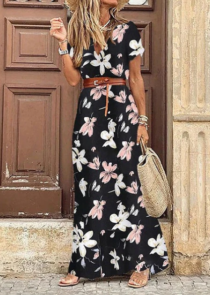 Robe maxi bohème estivale pour femmes avec imprimé et manches courtes