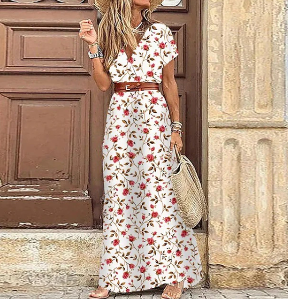 Robe maxi bohème estivale pour femmes avec imprimé et manches courtes