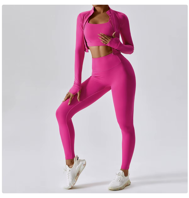 Ensemble de sport femme 3 pièces avec legging taille haute, crop top et veste