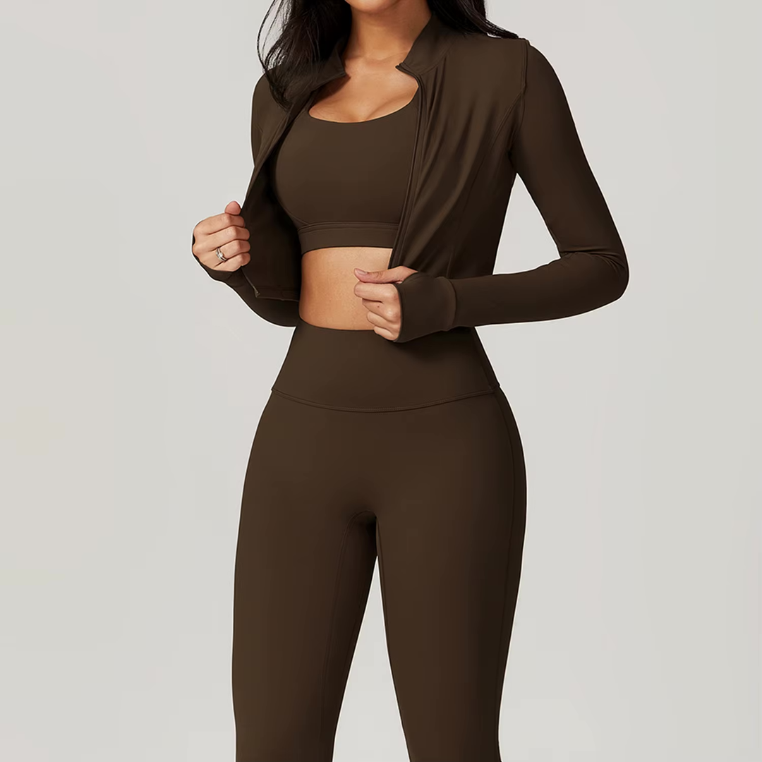 Ensemble de sport femme 3 pièces avec legging taille haute, crop top et veste