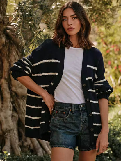 Trendy Oversized Dames Cardigan met Strepen en V-hals