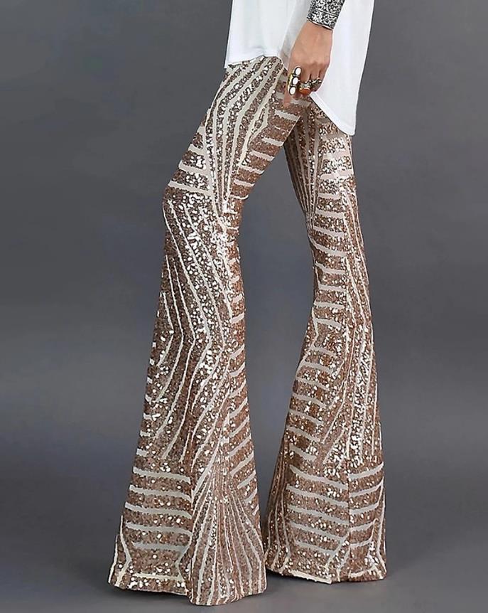 Gouden Glitter Vrouwen Pailletten Broek met Wijde Pijpen