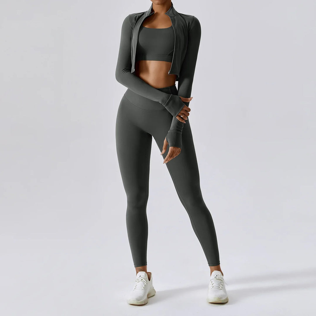 Ensemble de sport femme 3 pièces avec legging taille haute, crop top et veste