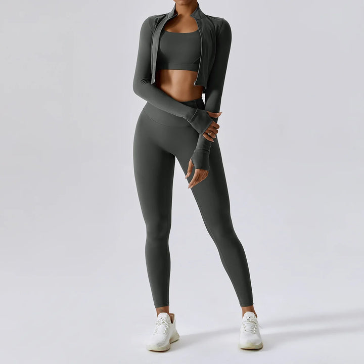 Ensemble de sport femme 3 pièces avec legging taille haute, crop top et veste