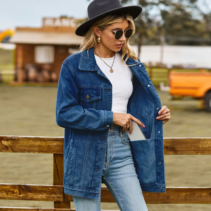 Oversized Denim Jas Dames Met Borstzakken En Drukknoopsluiting