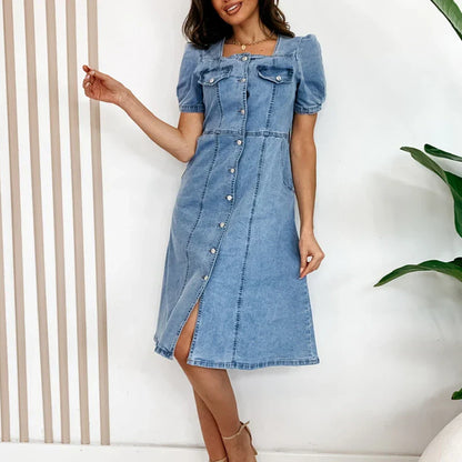 Alicja | Lichtblauwe Denim Jurk - Midi