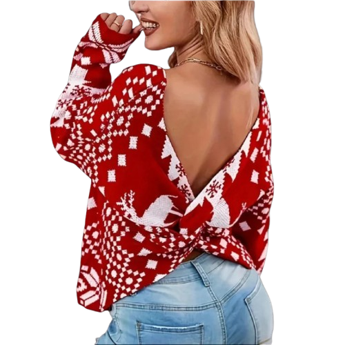 Trendy Rode Oversized Dames Kersttrui met Rendierprint en Open Achterkant