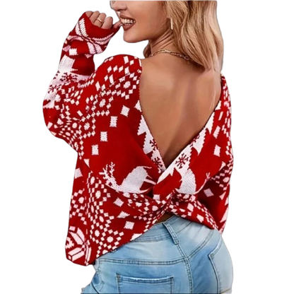 Trendy Rode Oversized Dames Kersttrui met Rendierprint en Open Achterkant