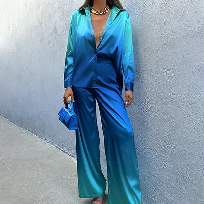Haze | Satijnen Ombre Set met Blouse en Wijde Broek
