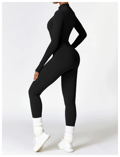 Sportieve Aansluitende Dames Jumpsuit Met Half Zip En Lange Mouwen