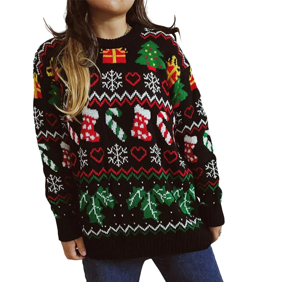 Oversized Warme Dames Kersttrui met Winterse Print en Feestdetails