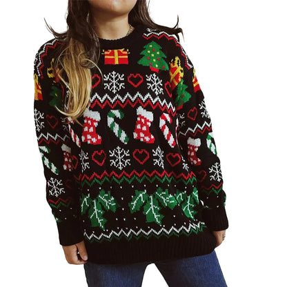 Oversized Warme Dames Kersttrui met Winterse Print en Feestdetails