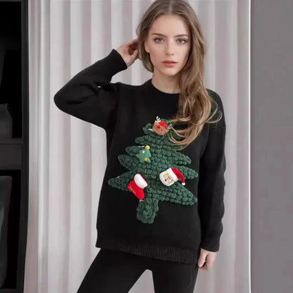 Oversized Zacht Gebreide Winterse Dames Kersttrui met 3D Kerstboom