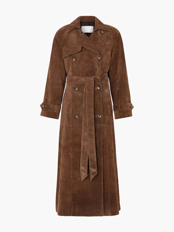 Brown Long Suede-Look Trench Coat with Belt for Women