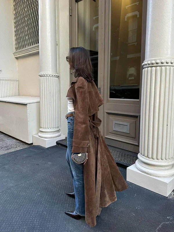 Brown Long Suede-Look Trench Coat with Belt for Women