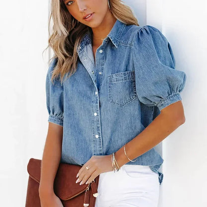 Ana | Trendy Denim Blouse met Puffmouwen