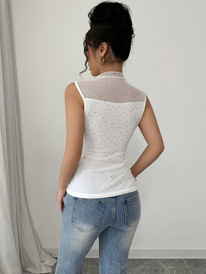 Carmel | Transparante Glittertop met Korte Mouwen