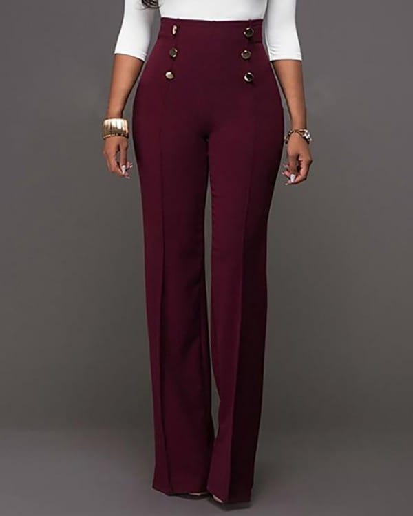 Wijnrode Dames Broek met Hoge Taille en Knopen