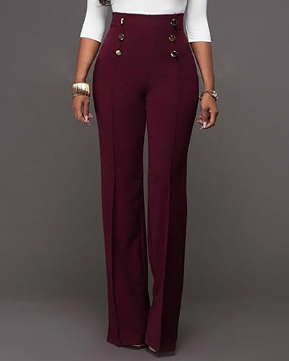 Wijnrode Dames Broek met Hoge Taille en Knopen