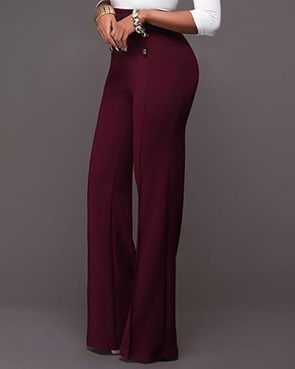 Wijnrode Dames Broek met Hoge Taille en Knopen