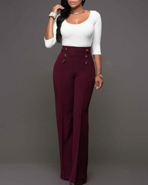 Wijnrode Dames Broek met Hoge Taille en Knopen