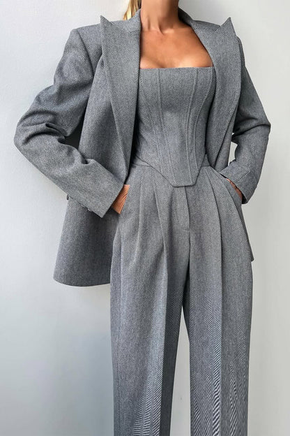 Stijlvolle 3-delige Dames Set met Luxe Blazer en Wijde Pijpen Pantalon